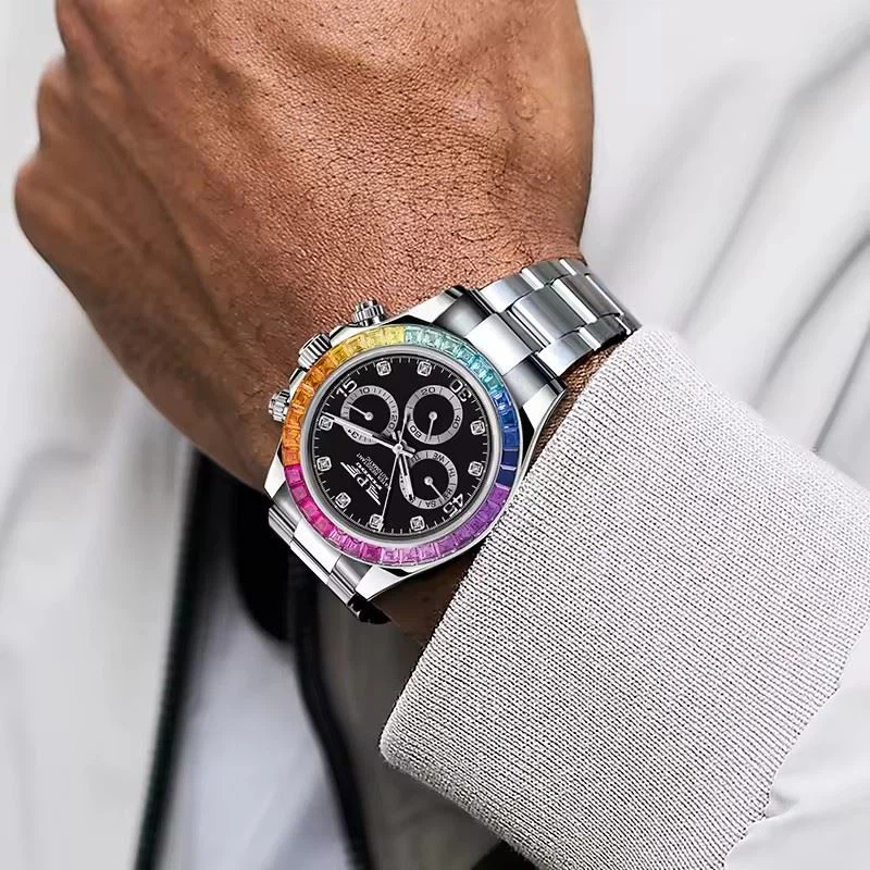 Men Luxury Rainbow Design Fashion Steel Date Multi-functional Diamond Case Diamond Dial Automatic Mechanical Watches